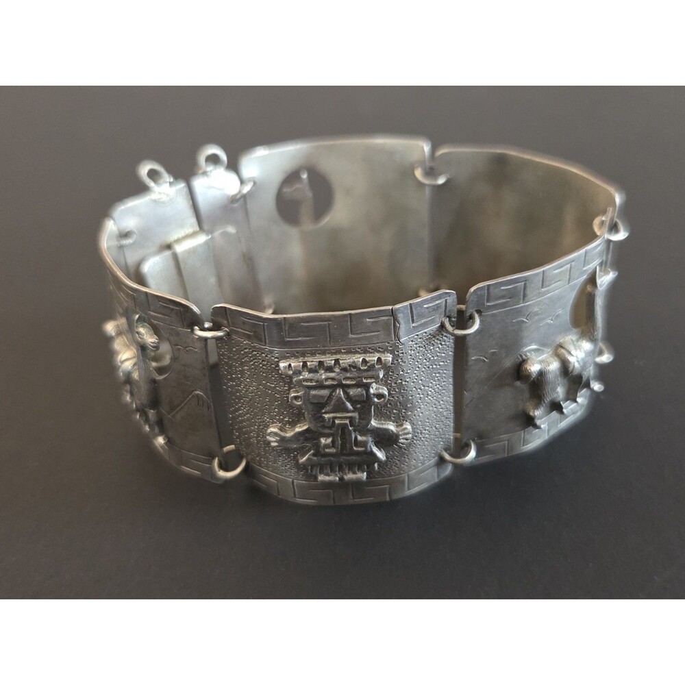 Vintage Peruvian .925 Silver Storyteller Panel Bracelet - Tumi/Llama 3D Repoussé